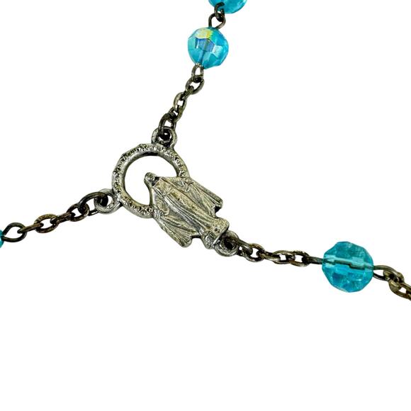 Aqua Clear Beads Metal Silver Chain Rosary Catholic Cross - Picture 2 of 3